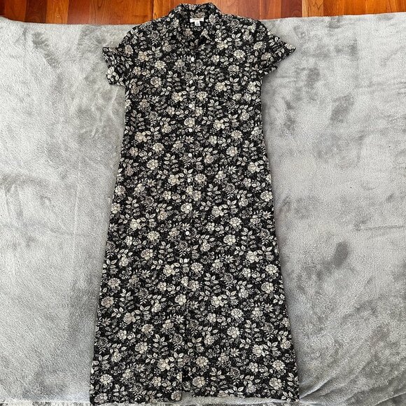 Talbots Dresses & Skirts - Talbots 90s Y2K Maxi Collared Shirt Dress Women's 12 Black Cream Floral Button